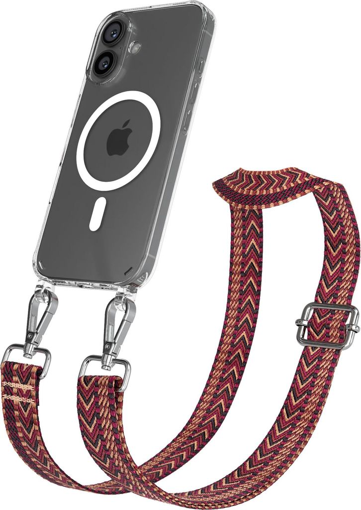 EAZY CASE - Handykette mit MagSafe Hülle für Apple iPhone 16, Handyband ZigZag Style,Karabiner Silber, Umhängeband in Rot