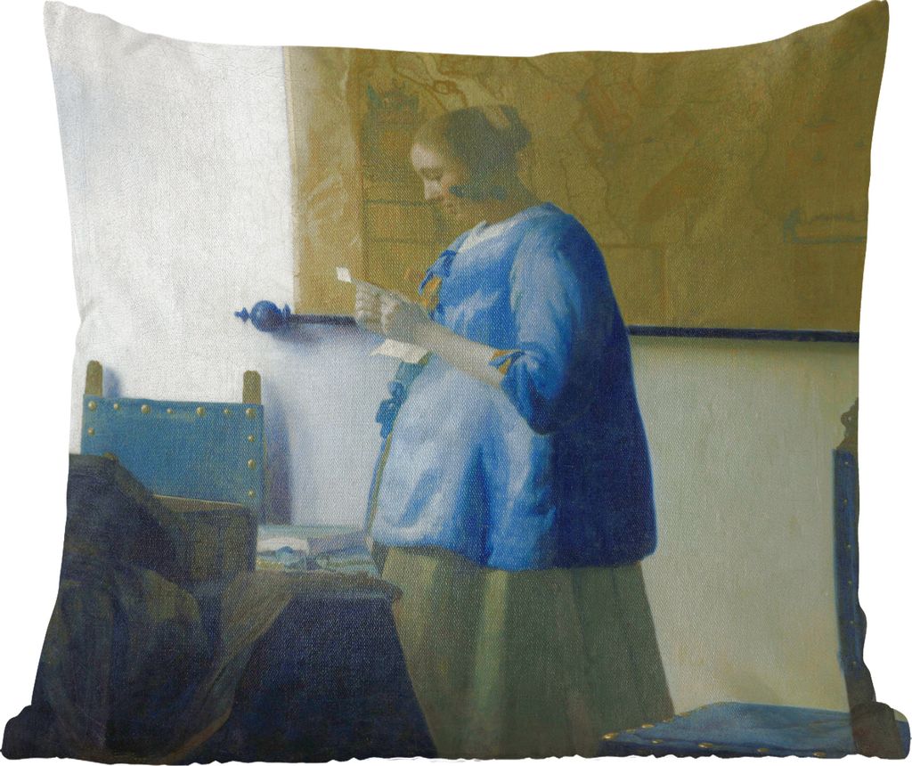 MuchoWow Zierkissen Sofakissen Wohnzimmer Dekokissen 60x60 cm Frau in Blau liest einen Brief - Gemälde von Johannes Vermeer - Sitzfläche - Foto...