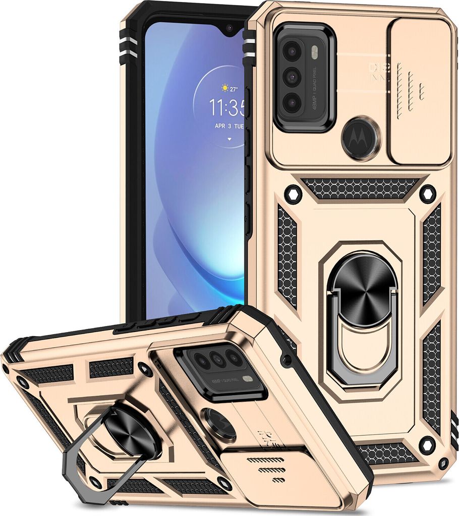 Moto G50 Hülle mit Schiebe Kamera Schutz und Ringhalter Ständer Robust Rüstung Schutzhülle für Motorola Moto G50 Gold