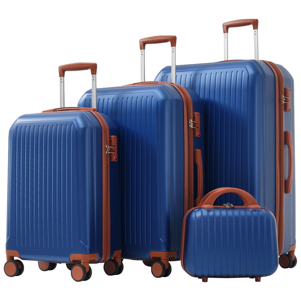 Flieks Kofferset Trolleyset 4 tlg., Reisekofferset mit Kosmetikkoffer, Koffer mit 4 Rollen und TSA Schloss, Hartschale Trolley, S-M-L-XL, Blau