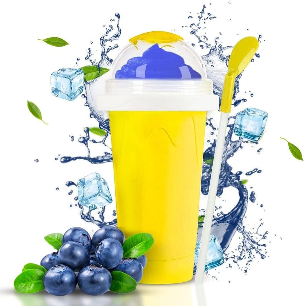 Slush Becher,DIY Slush Eis Becher, Magic Slushy Maker Cup, Double-Sommer Cooler Smoothies Cup mit Strohhalmlöffel,für Leckeres Slush Eis (Gelb)