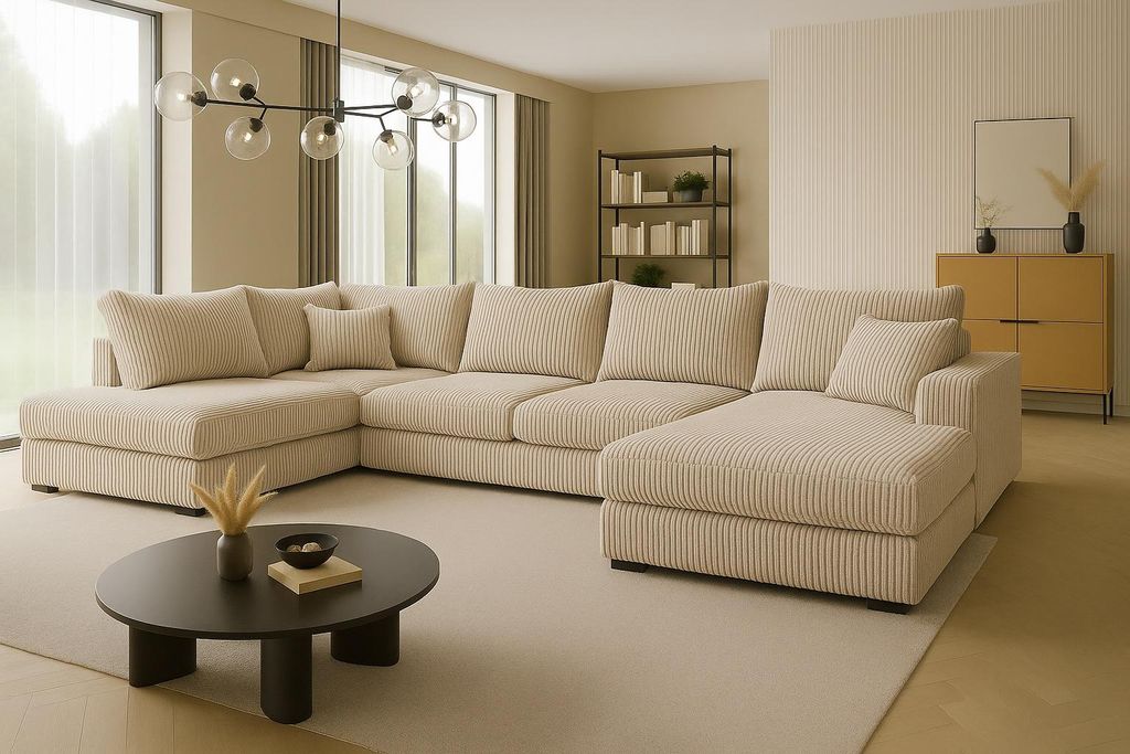 Ecksofa FABIO 328x182 cm mit Schlaffunktion, Bonellfederkern und Bettkasten, Farbe Creme