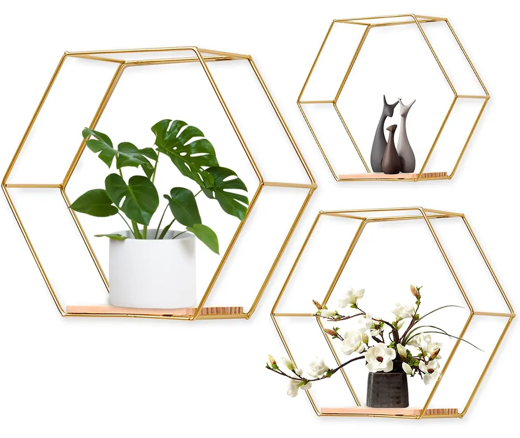 Lot de 3 Étagères Murales Hexagonales en Métal Doré Design Loft Moderne
