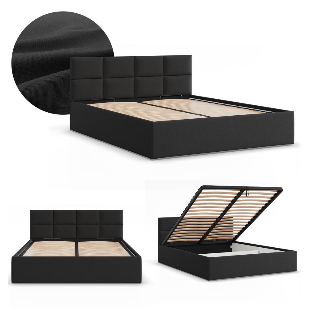 Modernes Polsterbett BORGO 160x200 mit Bettkasten & Lift-Lattenrost – Doppelbett mit viel Stauraum Schwarz Geflecht