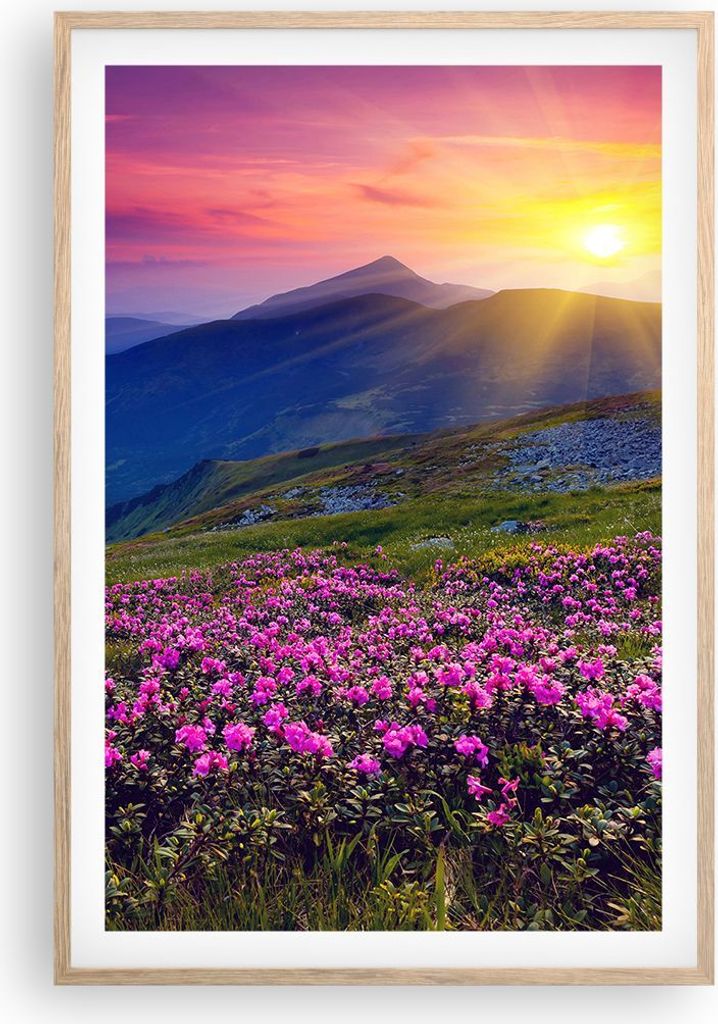 Gerahmtes Poster - Rahmen in heller Eiche - Wiese Berge Landschaft - 61x91,5 cm - Wand Bild - Wanddeko - Wandbilder - Wandposter - Bilderrahmen - B...