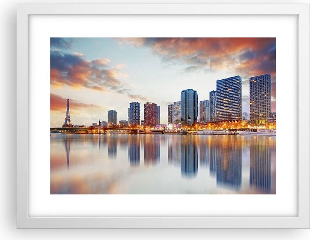 Gerahmtes Poster - Weißer Rahmen - Fluss Wolkenkratzer Ansicht Eiffle - 40x30 cm - Wand Bild - Wanddeko - Wandbilder - Wandposter - Bilderrahmen -...