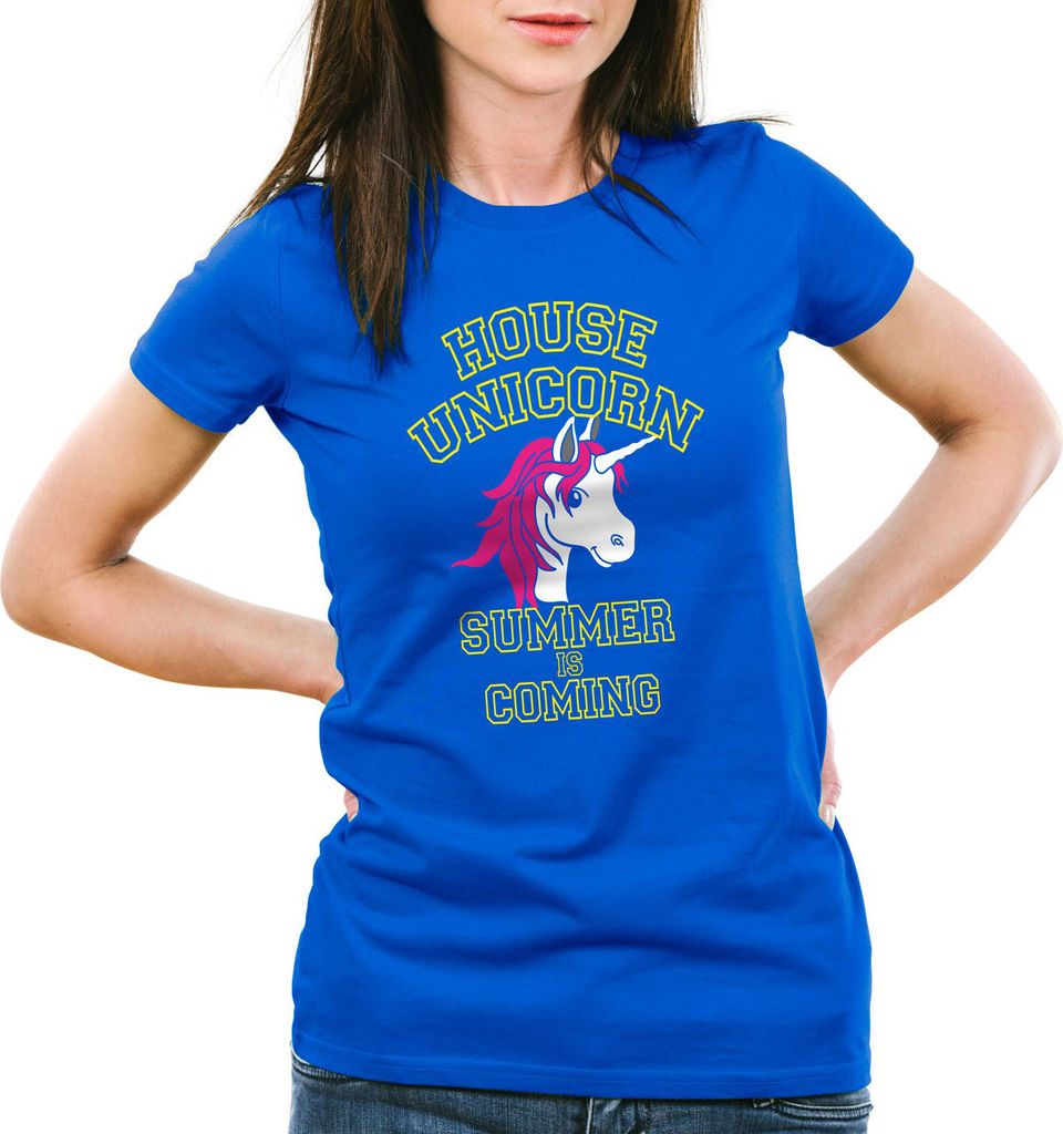 style3 House Unicorn Summer is coming Damen T-Shirt Einhorn, Farbe:Blau, Größe:XS