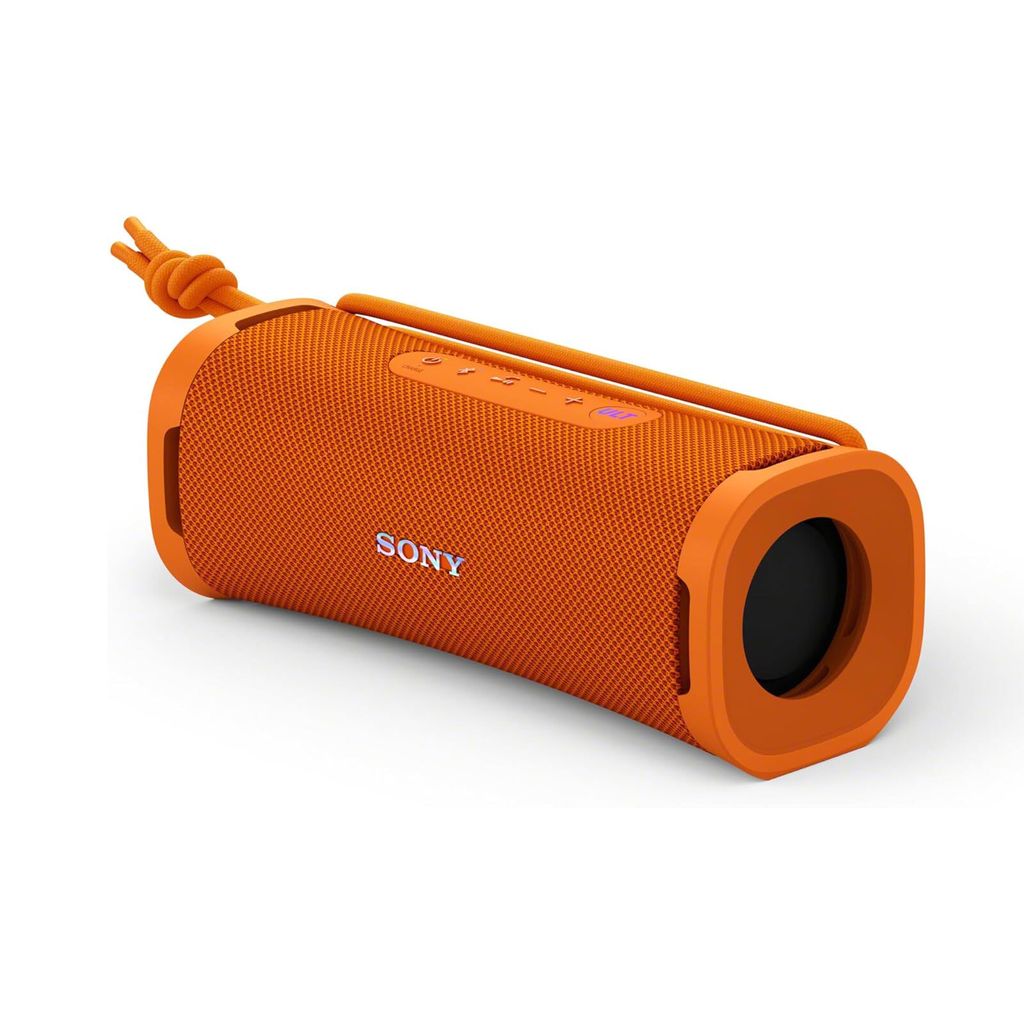 A product shot of an orange Sony speaker on a white background.