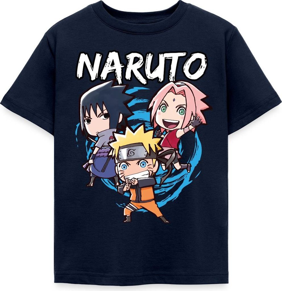 Spreadshirt Naruto Shippuden Chibi Naruto, Sakura & Sasuke Kinder T-Shirt, 122/128 (7-8 Jahre), Navy
