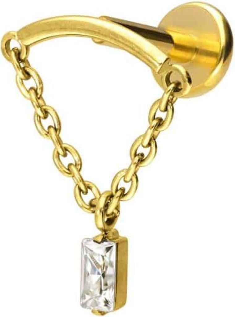 Ohrpiercing, Nasenpiercing Titan Labret mit Push Fit BOGEN + KETTE + KRISTALLRECHTECK Gold Stablänge: 8mm | Stabstärke: 1,2mm