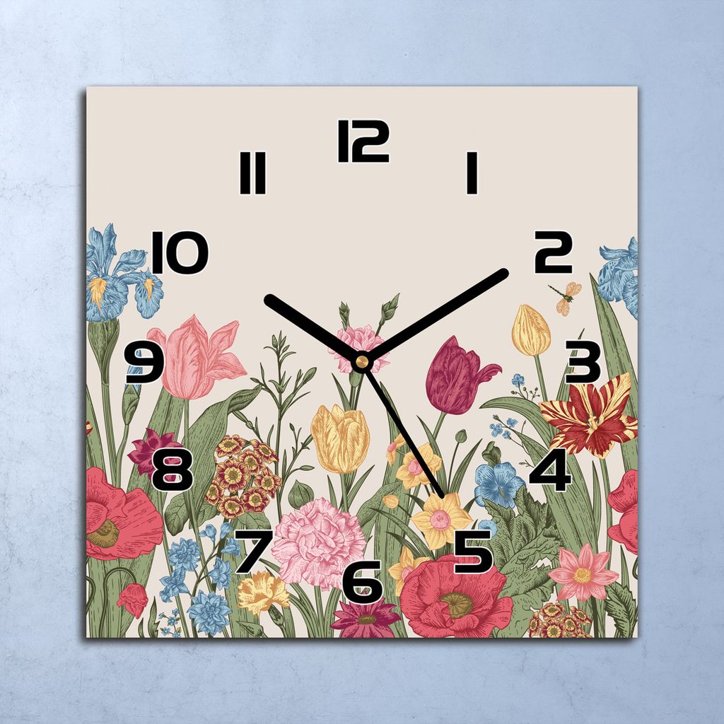 Wanduhr Echt-Glas-Küchenuhr Bunte Wiese Natur Quarz Lautlos 30x30 Deko Bilder