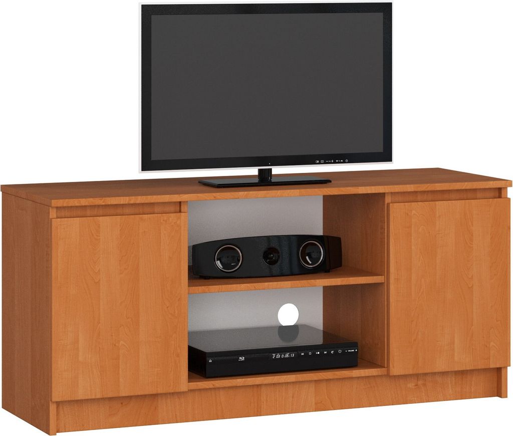 A TV stand with a television and electronic devices on it, presented against a white background.