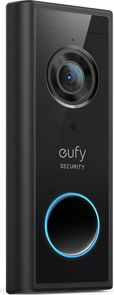 A black Eufy video doorbell is shown against a white background.