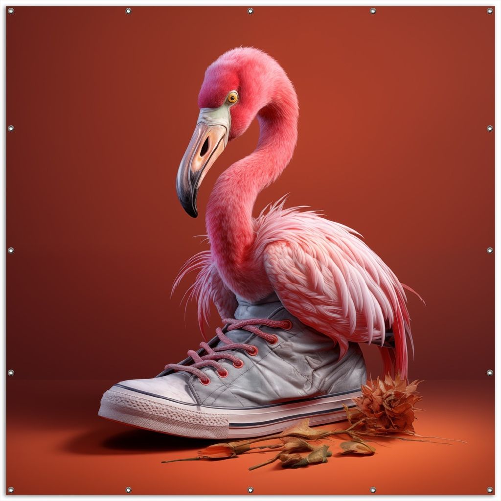 Wallario XXL Outdoor-Poster für Garten oder Balkon, Motiv Flamingo im Sneaker, in ca. 200 x 200 cm