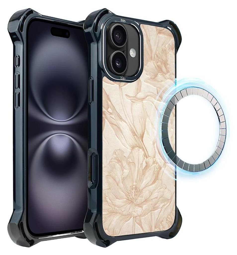 Schutzhülle für das iPhone 16 Plus, MagSafe-kompatibel, verstärkte Ecken, schwarz, Blumen, golden