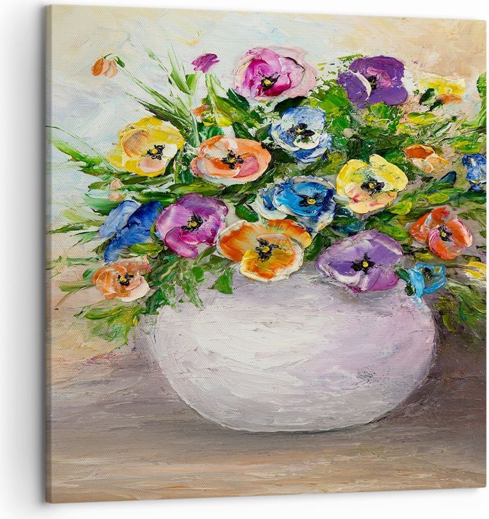 Bild auf Leinwand - Leinwandbild - Blumen Blumenstrauß Vase bunt - 50x50cm - Wand Bild - Wanddeko - Leinwanddruck - Bilder - Kunstdruck - Wanddeko...