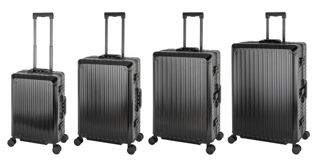 Travelhouse Tokyo Alu Reisekoffer Reise Trolley 4er Set (Schwarz, Handgepäck, Mittlerer, Großer Koffer L und XL Set)