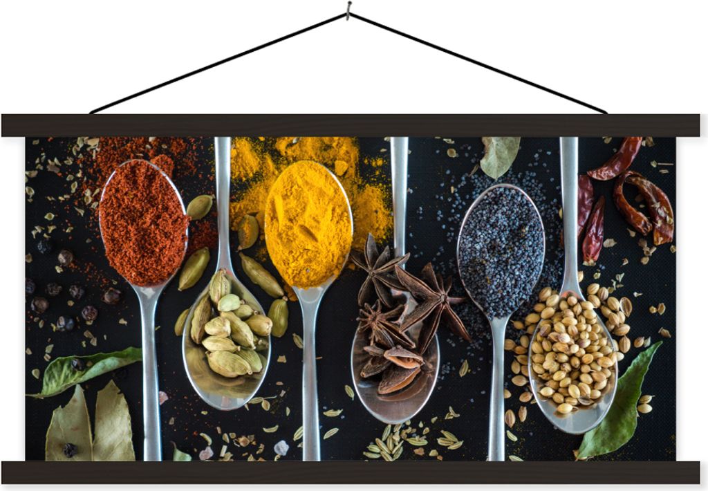 MuchoWow Textilposter Löffel - Gewürze - Kräuter - Essen - Tisch 60x30 cm mit schwarzem Rahmen - Textilien