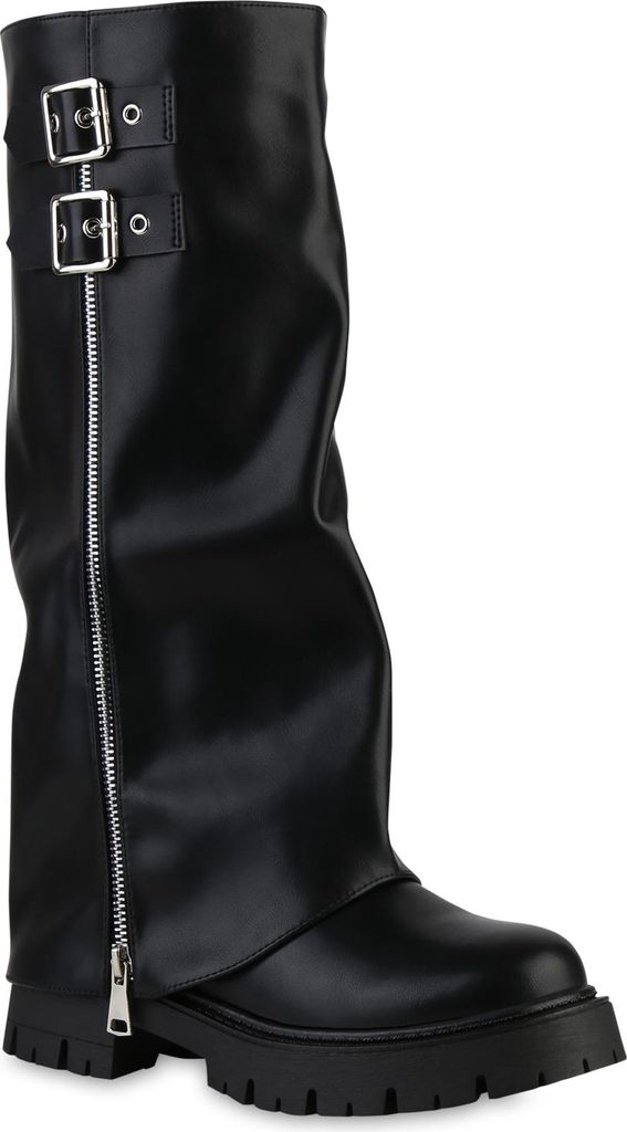 VAN HILL Damen Bikerstiefel Stiefel Zipper Schnallen