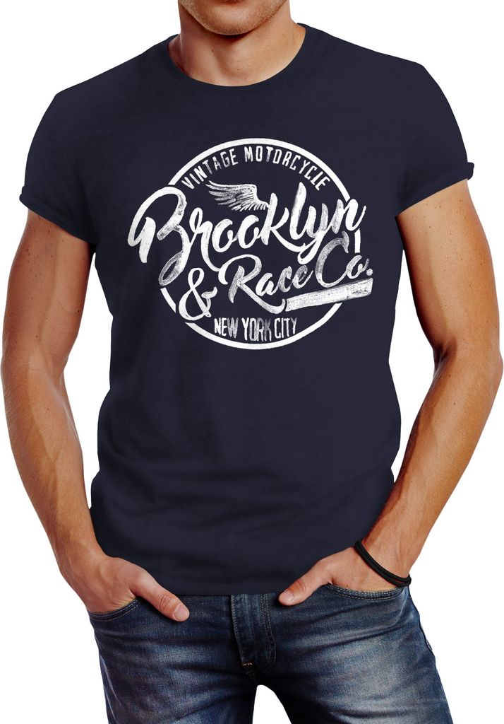 Herren T-Shirt Brooklyn Race Motorcycle Vintage Watercolor Slim Fit Neverless navy M