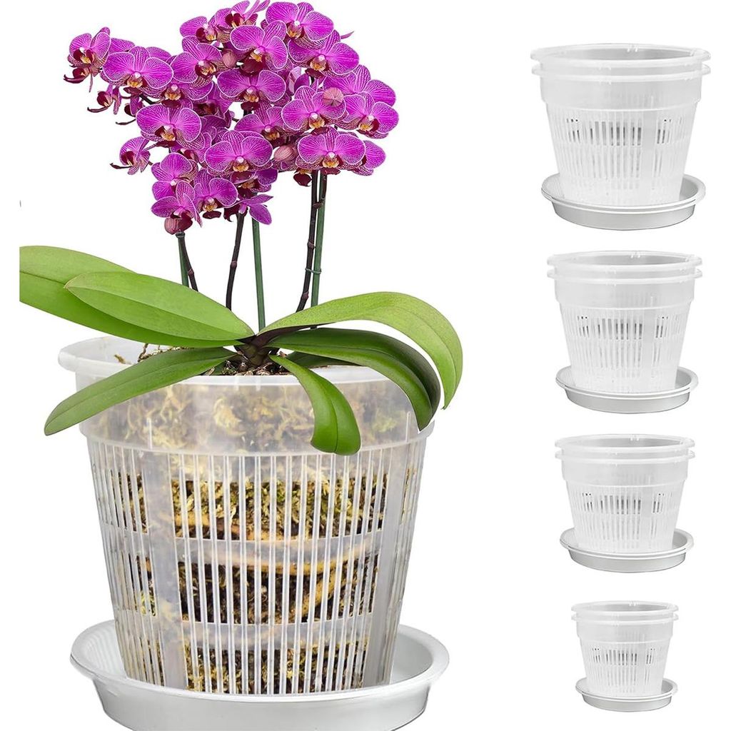 Orchideentöpfe transparent,8 Stück Pflanztopf Set, Kunststoff Blumentöpfe mit Ablauf und Tablett, Anzuchttopf-Set in 4 Größen