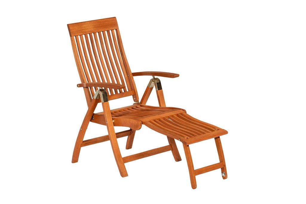 A wooden deck chair with an attached footrest is shown against a white background.