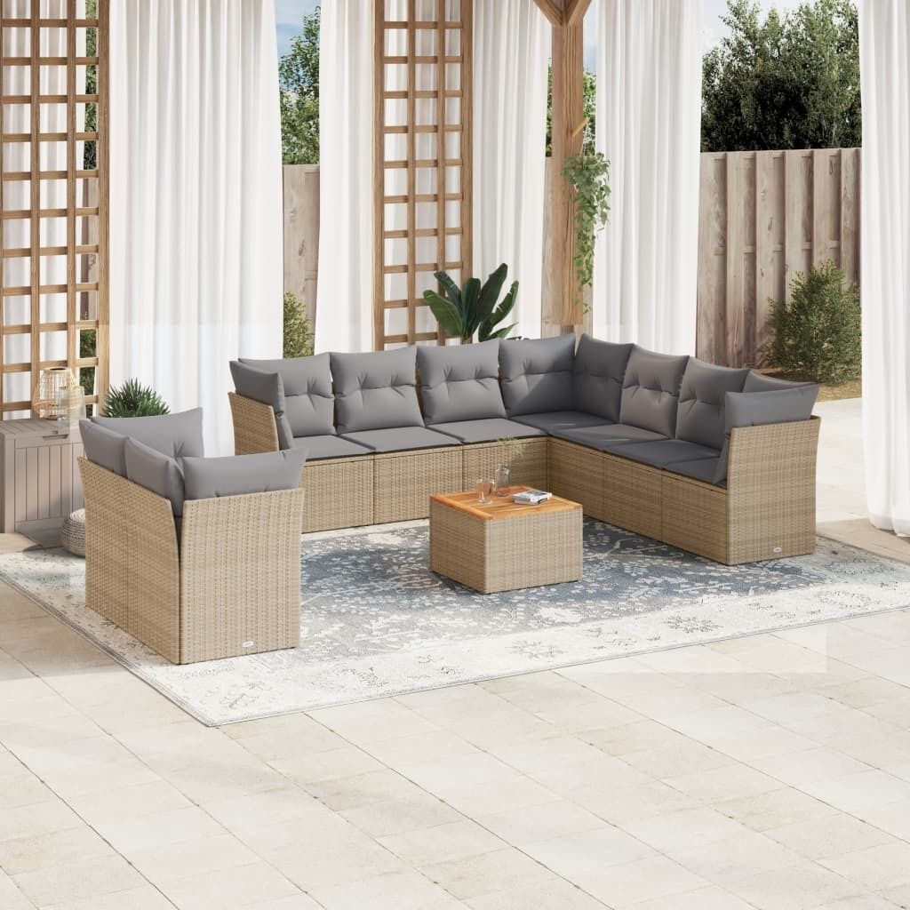 10-tlg. Garten-Sofagarnitur mit Kissen Beige Poly Rattan 3223714