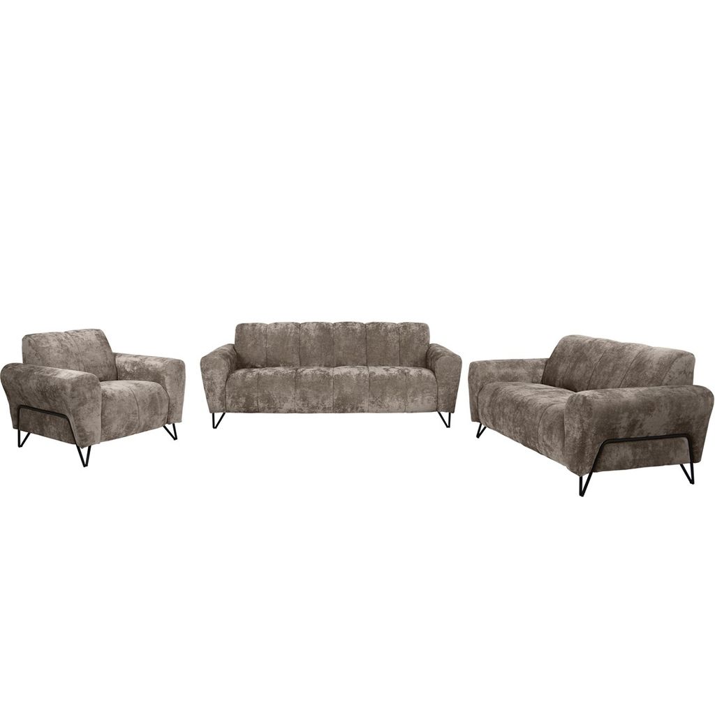 Polsterset VOLARE - Moderner Sitzgarnitur - Sessel + Sofa 2-Sitzer & 3-Sitzer - Chenille Vega in Cappuccino, dekorative schwarze Metallbeine