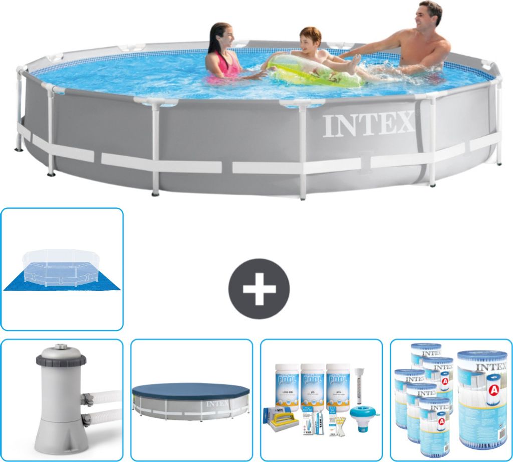 Intex Round Prism Frame Swimming Pool – 366 x 76 cm – Grau – inklusive Pumpe Abdeckung - Wartungspaket - Filter - Bodenplane