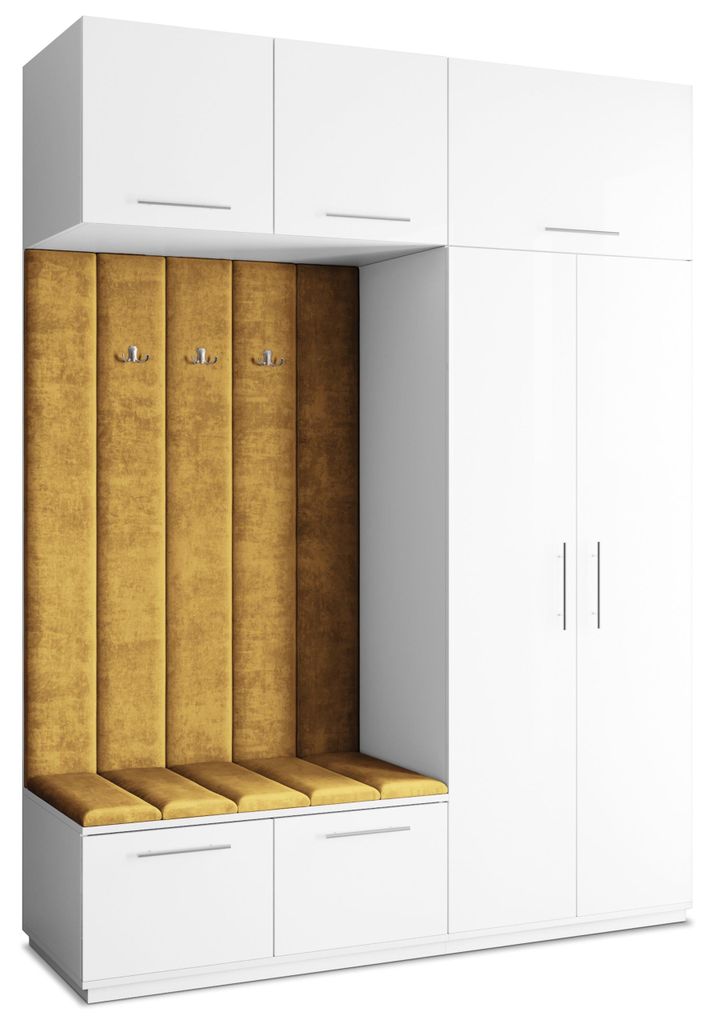 Masseno Garderobe-Set REMA 180/240/60 cm Modern Garderobenschrank Weiß, Veloursstoff MONOLITH 48 (Gelb)