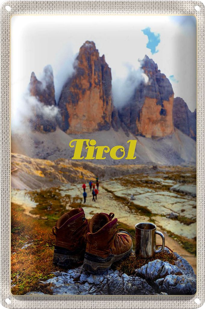 Blechschild Reise 20x30cm Tirol Wanderung Schuhe Getränk