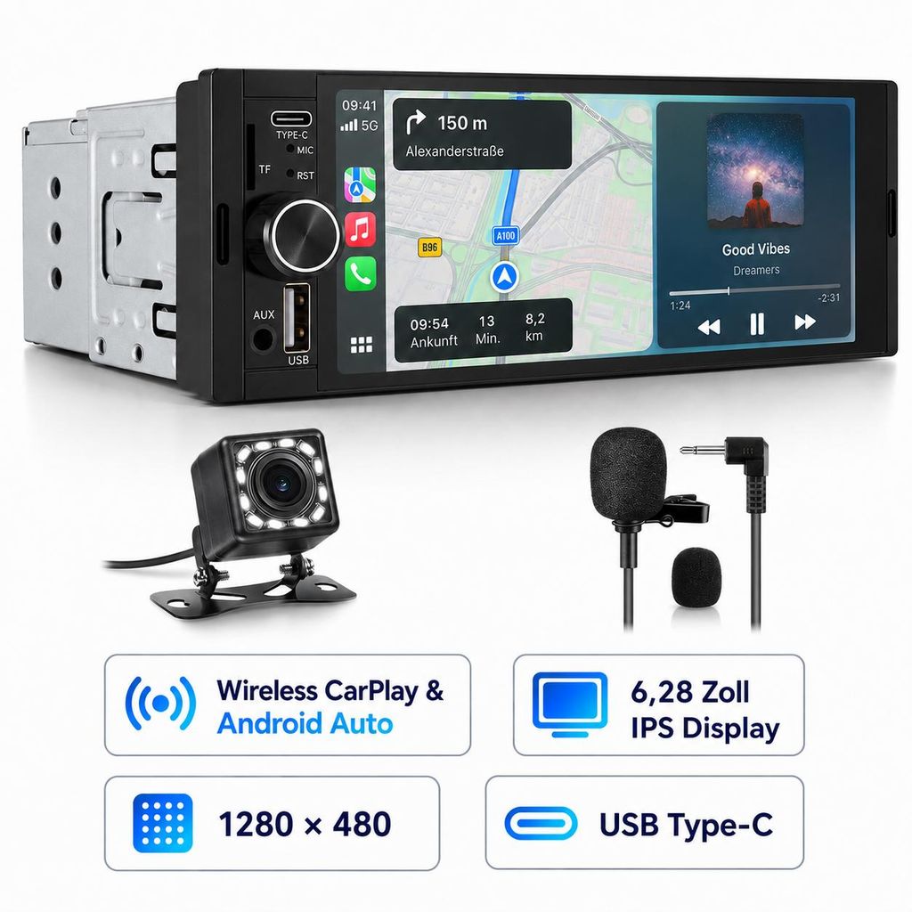 Junsun 6,28" 1DIN Autoradio Wireless CarPlay Android Auto Produktbild  KI-generiertes Bild