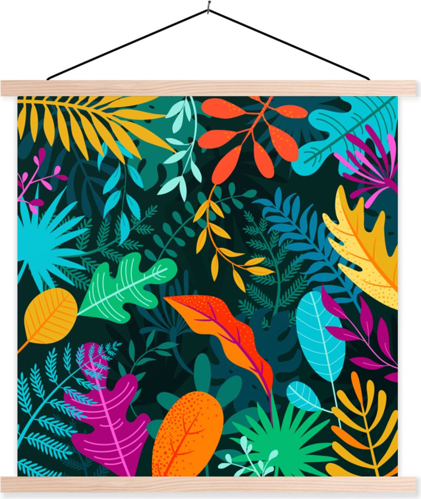 MuchoWow Textilposter Dschungel - Blätter - Farben - Jungen - Mädchen - Kinder 40x40 cm mit holzfarbenen Rahmen - Posterleiste