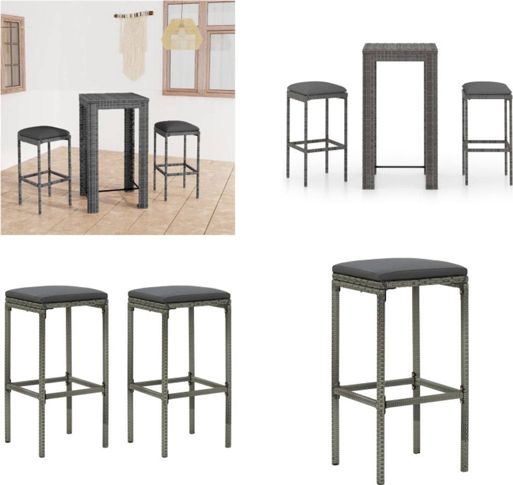 vidaXL 3 tlg. Gartenbar Set mit Kissen Poly Rattan Grau - Bar-Set - Bar-Sets - Bartisch Und Barhocker - Bartisch