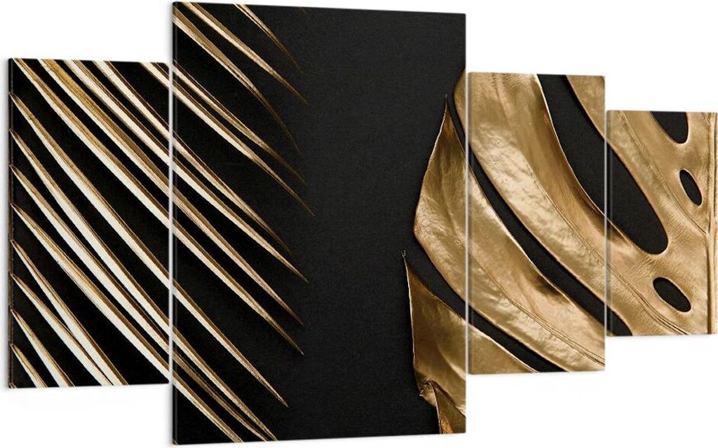 Bild auf Leinwand - Leinwandbild - 4 Teile - Golden Blatt Monstera - 160x90cm - Wand Bild - Wanddeko - Wandbilder - Leinwanddruck - Bilder - Wandde...