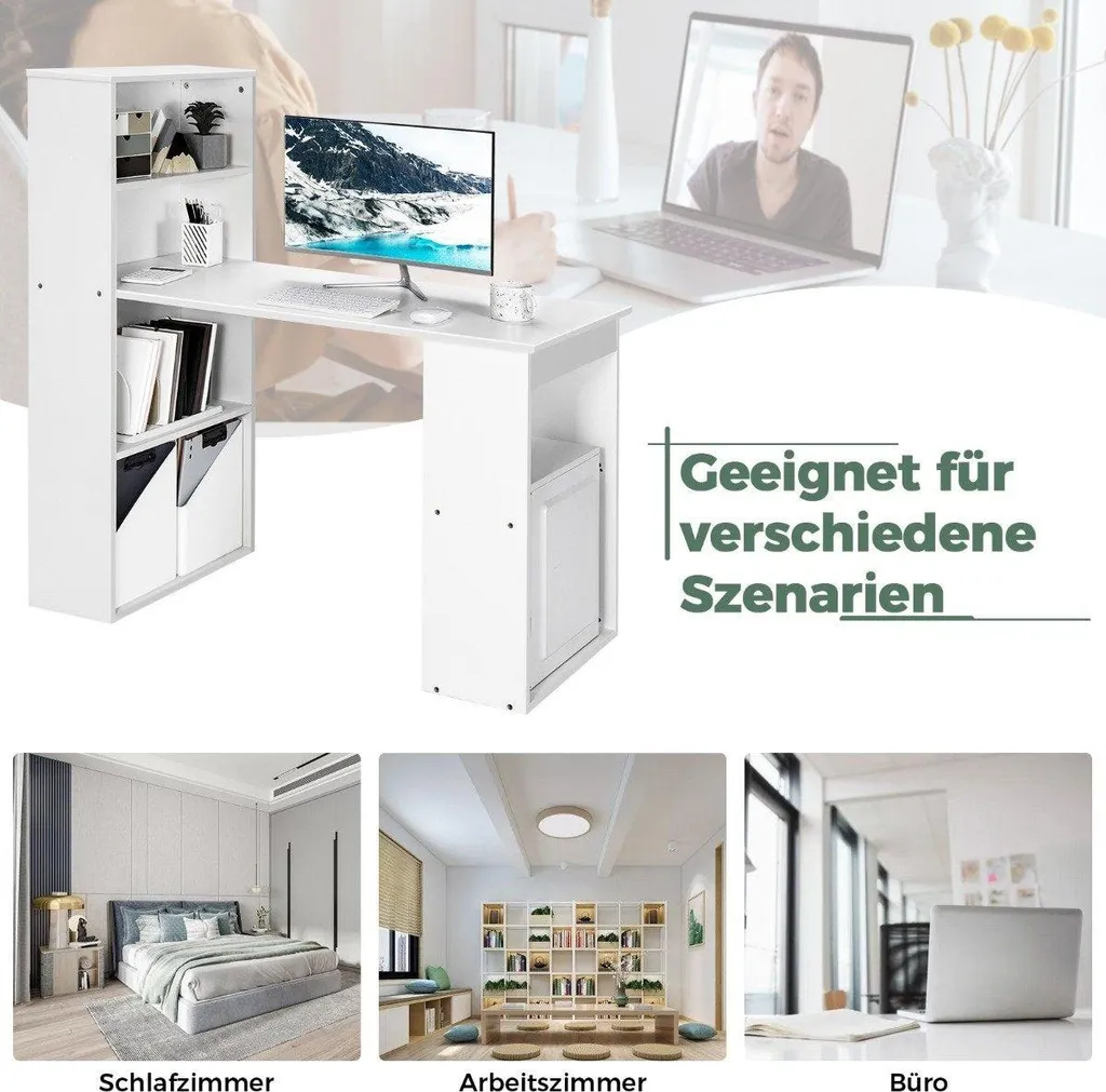 Table de bureau blanc pour télétravail - Bureau PC avec étagère intégrée