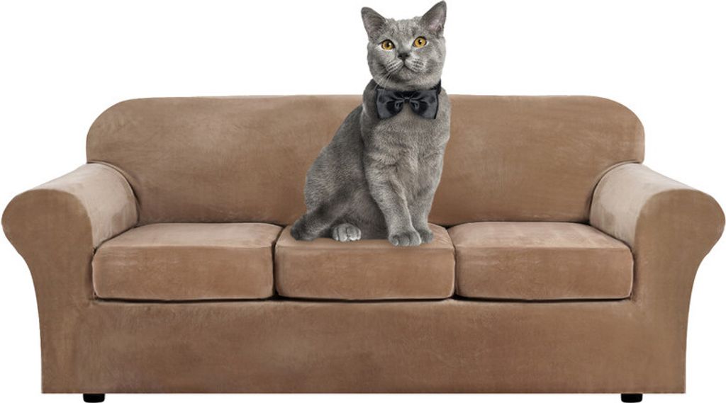 Samt Sofa Schonbezug Soft Stretch Couch Bezug High Elasthan Möbel Protector, 3-Sitzer / 183-244 cm,Khaki
