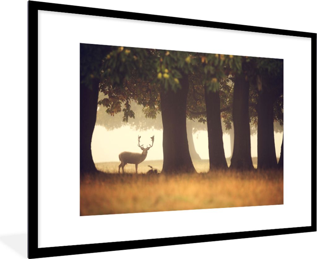 MuchoWow Gerahmtes Poster Hirsche - Bäume - Wald 90x60 cm - Poster mit Schwarzem Bilderrahmen Wandposter Rahmen Foto Bilder - Wanddekoration - F...