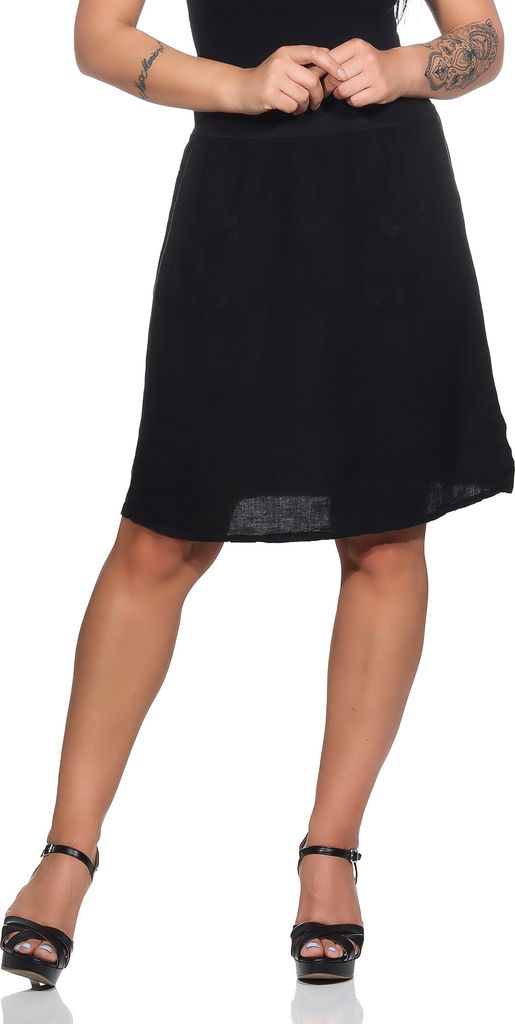 358 Mississhop Damen Leinen Rock Sommerrock locker kurz Freizeit 100 % Leinen 100% Leinenrock Strand Schwarz