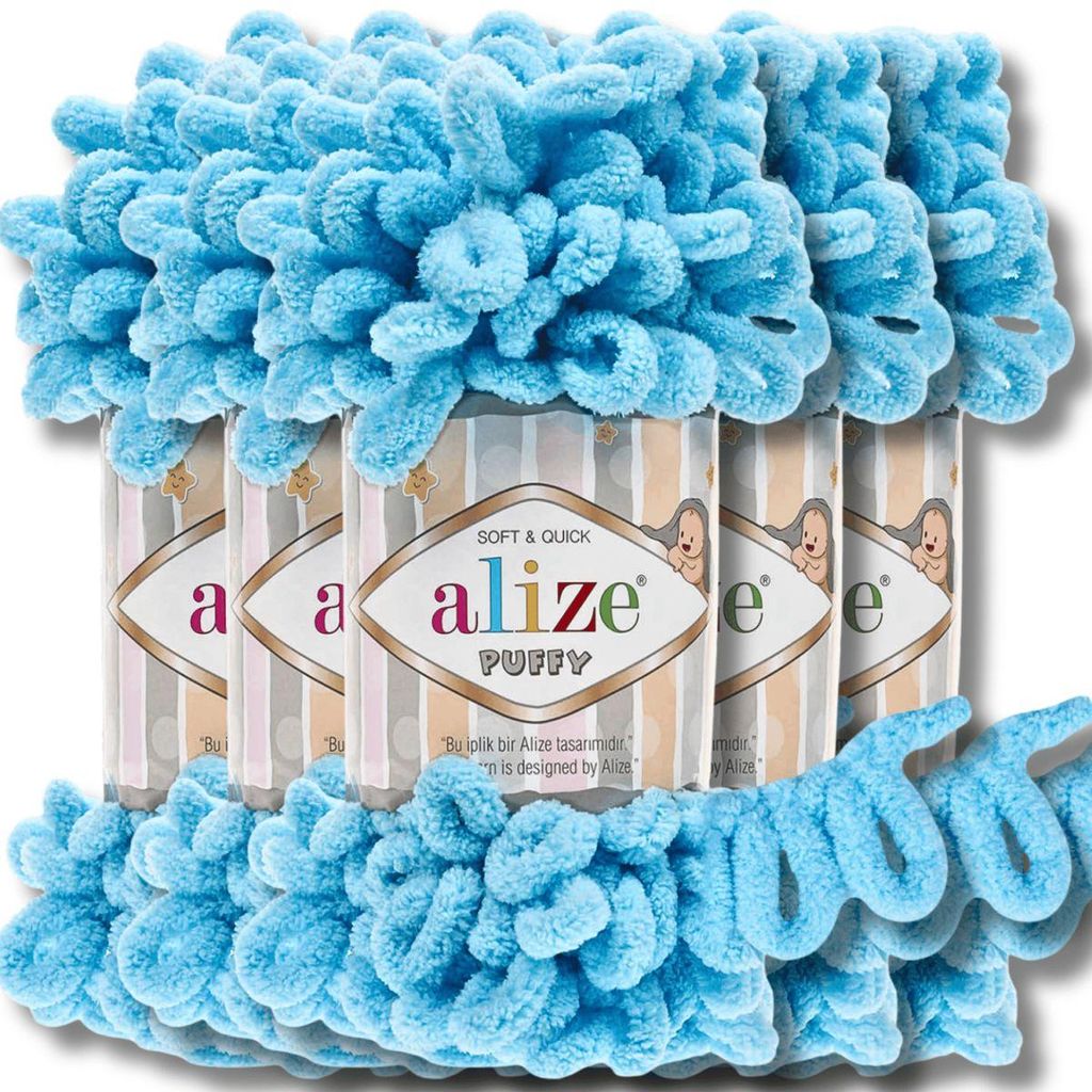 Alize 5x 100g Puffy Wolle, Uni, Häkeln, Stricken (Turquoise Produktbild 