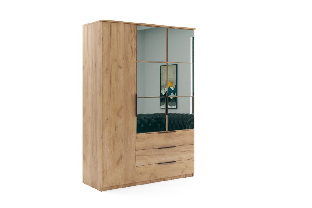 Dreitüriger Kleiderschrank 150 JANIKA mit Schubladen – Eiche goldfarben