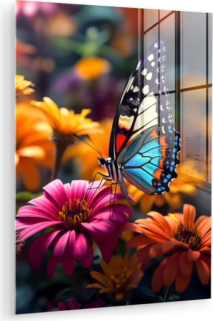 MuchoWow Glasbilder - Bilder auf Wandbild - Foto auf Glas Schmetterling - Tier - Bunt - Blumen - Natur 60x80 cm Wanddekoration aus Glas - Acrylglas...