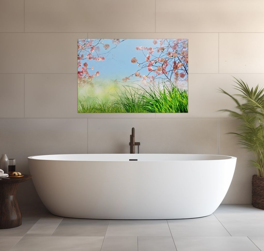 Wallario wasserfestes Poster selbstklebend 91,50 x 61 cm, Kirschblütenzweige und grüne Wiese- Frühling, Badezimmerposter Spritzschutz mit Hochgl...