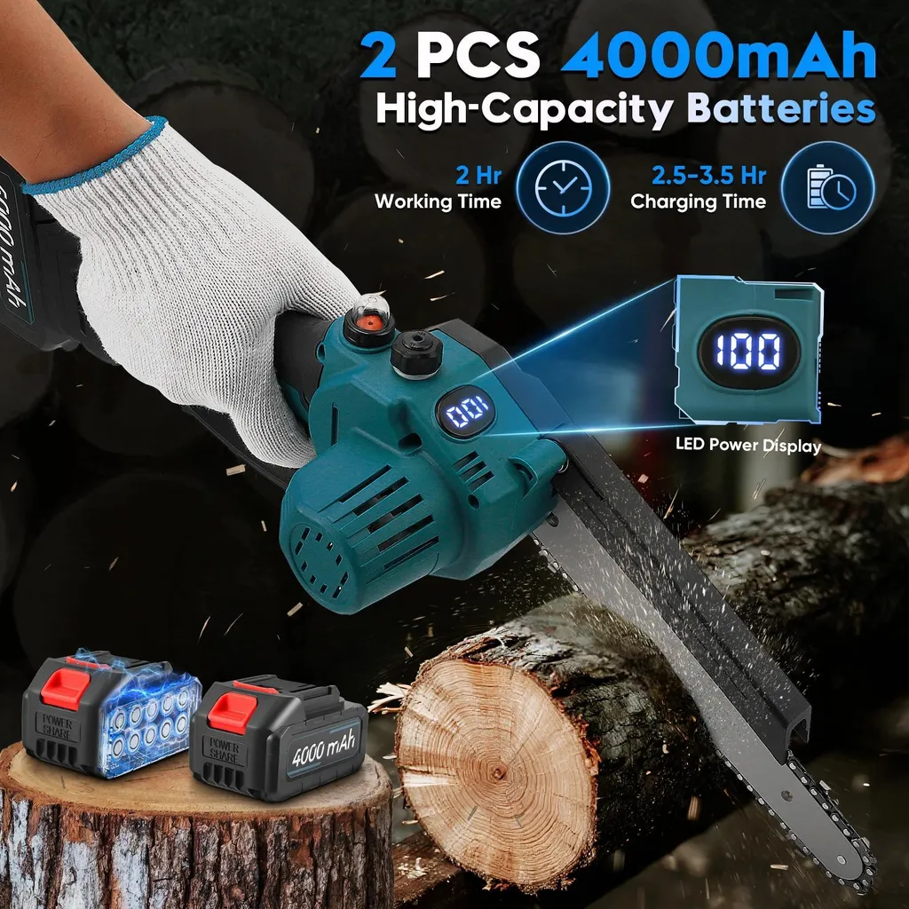 Mini tronçonneuse 950W rouge avec 2 batteries et guide interchangeable - 5