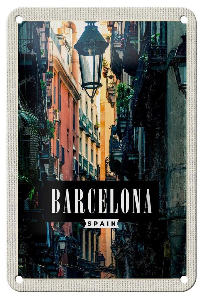 Blechschild Reise 12x18cm Barcelona Spanien Gasse Panorama Schild