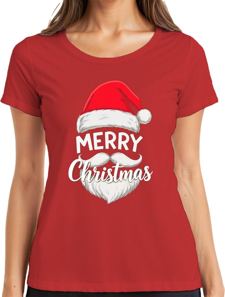 Merry Christmas Weihnachtsmann Nikolaus Mütze Bart Lustig Retro Damen T-Shirt, Rot, XXL