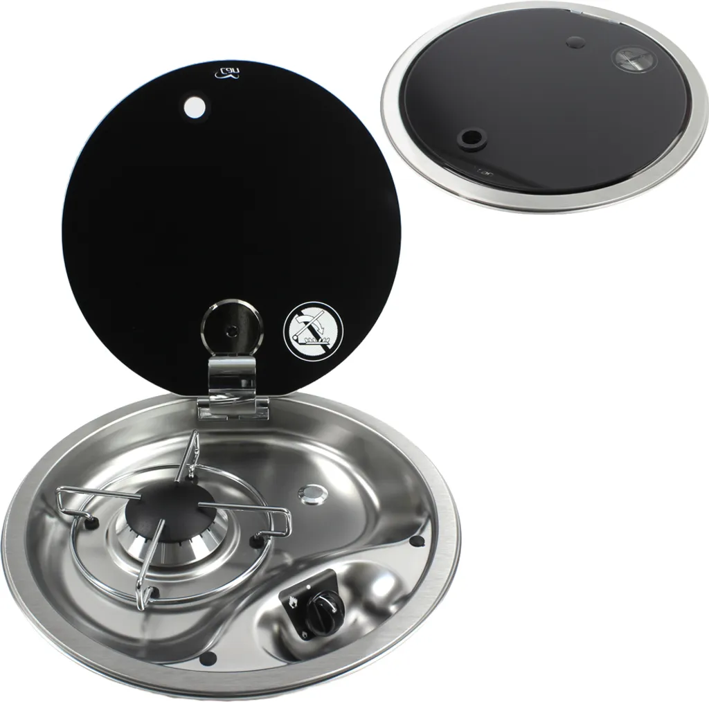 Plaque gaz 1 brûleur ronde inox et son couvercle en verre noir 34cm