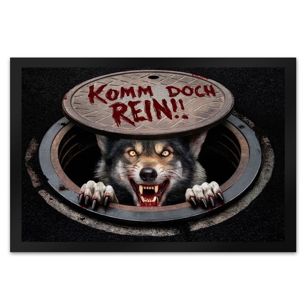Werwolf unter Kanaldeckel Fußmatte XL in 40x60 cm - Komm doch rein