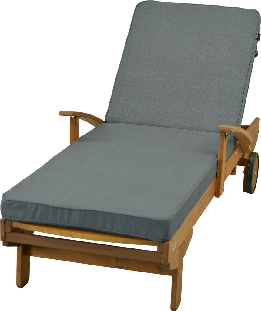 A wooden chaise lounge with a gray cushion, shown on a white background.