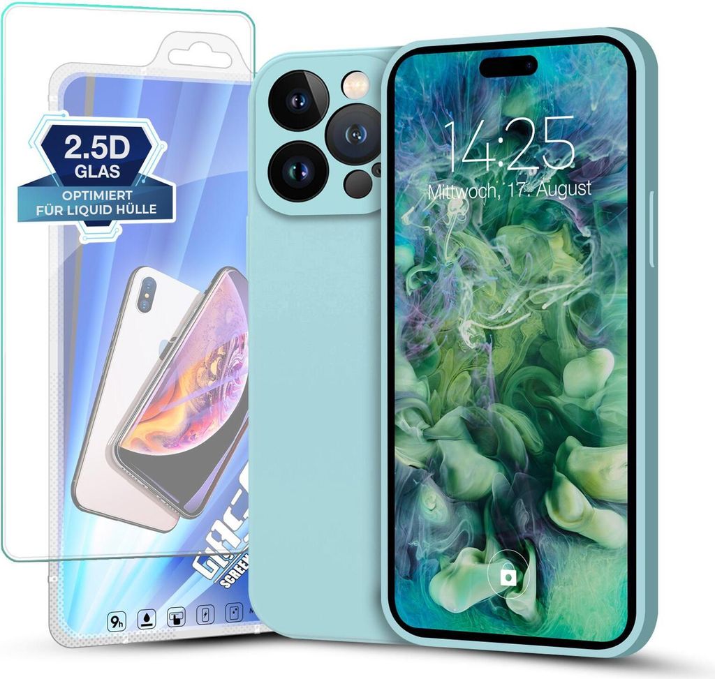 Hülle für iPhone 14 Pro mit 9H Displayglas Displayschutz Plus Case Cover Bumper Silikon Softgrip Schutzhülle Farbe: Hellblau
